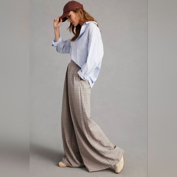 Anthropologie Corey Lynn Calter Pleated Wide-Leg Plaid Trousers Size Medium NWT - Picture 2 of 12